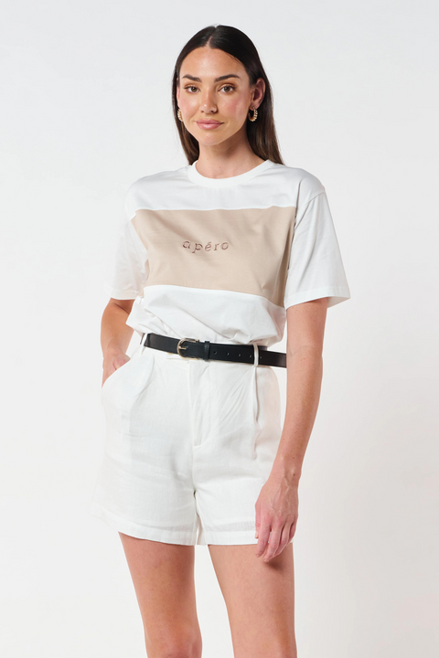 DUAL EMBROIDERED PANEL TEE - White/Beige
