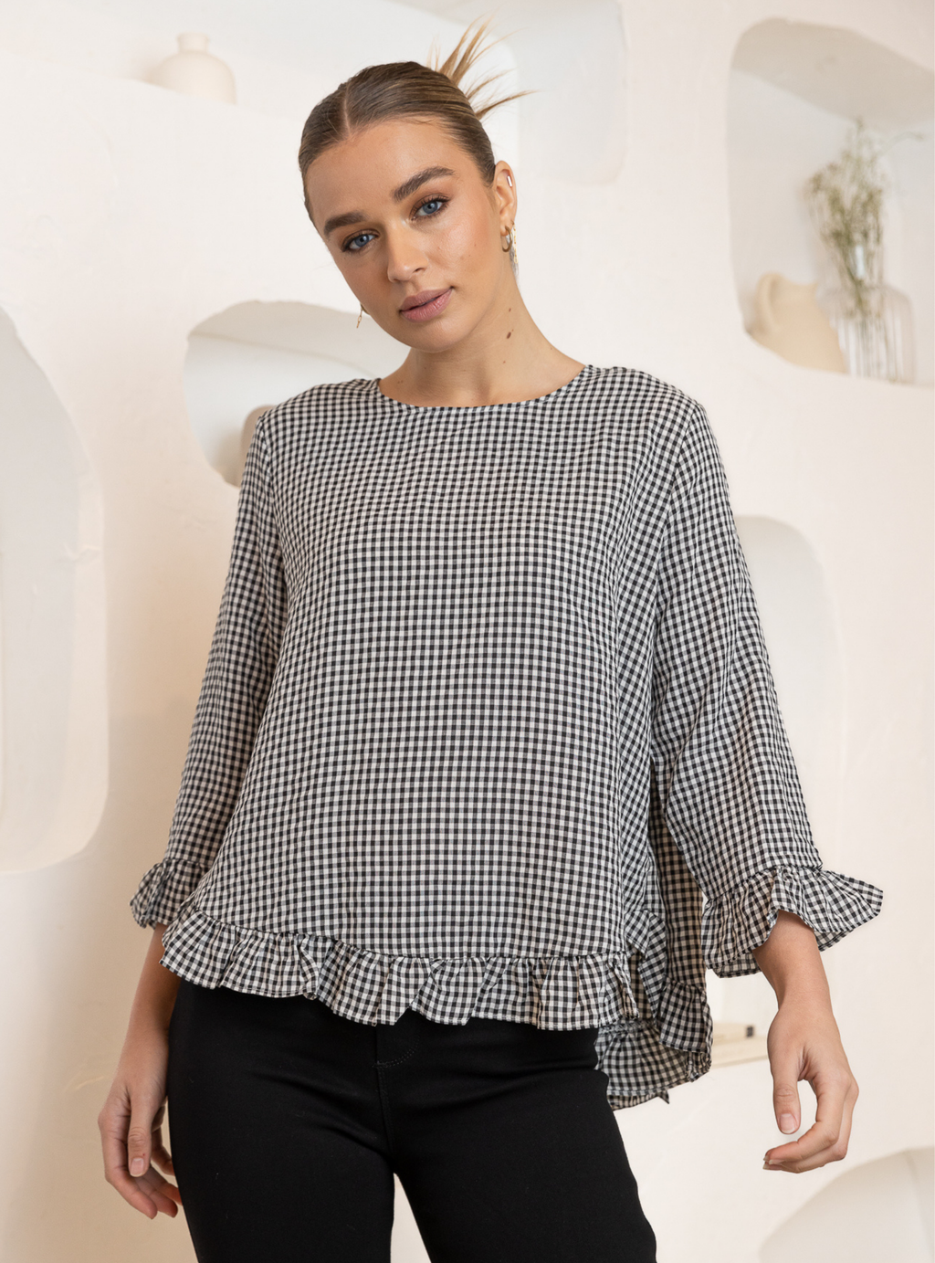 CLAIRE L/S BLOUSE - Black Gingham