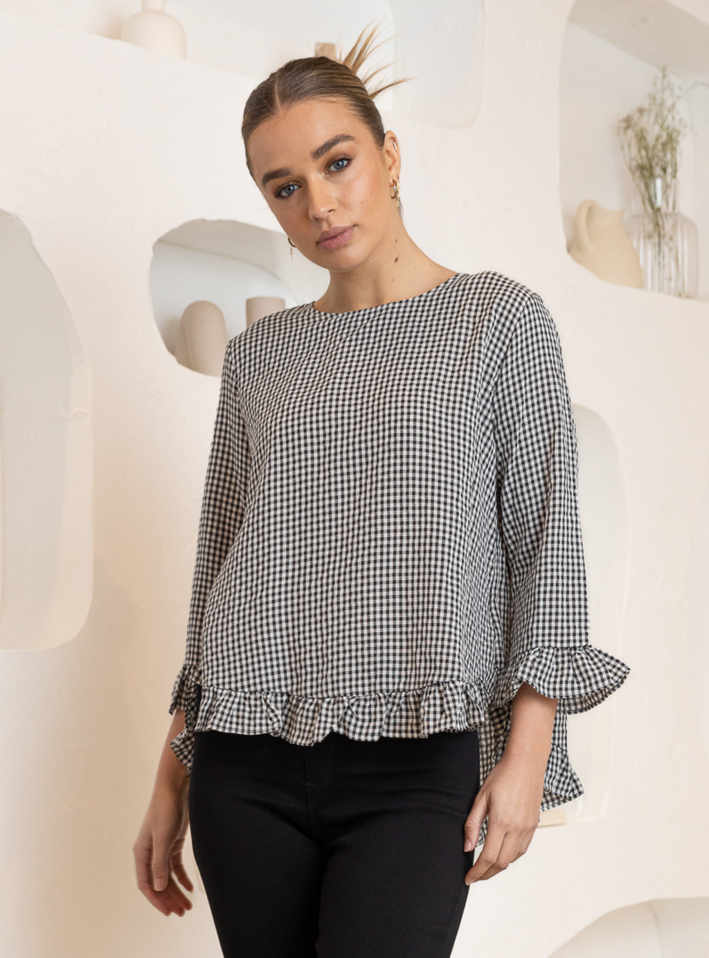 CLAIRE L/S BLOUSE - Black Gingham