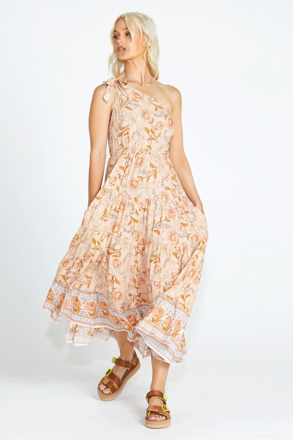 POPPY ONE SHOULDER MAXI DRESS - Peach Floral