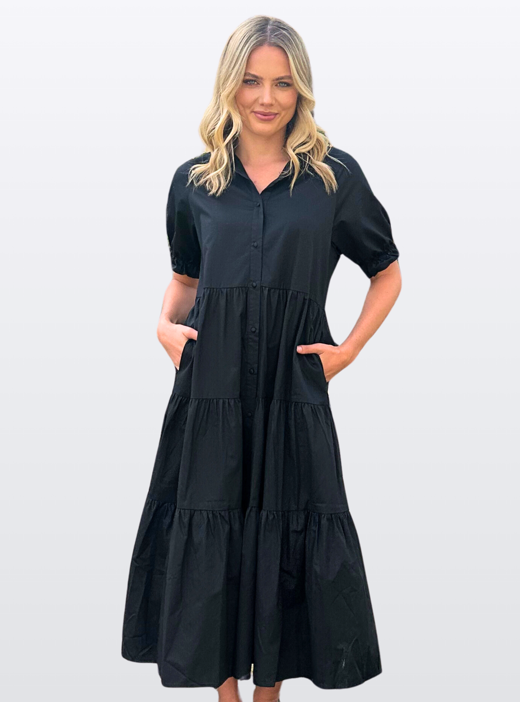 LAURA TIERED MIDI DRESS - Black