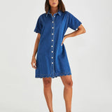 VALE SCALLOPED DENIM DRESS - Mid Blue Wash