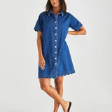 VALE SCALLOPED DENIM DRESS - Mid Blue Wash