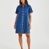 VALE SCALLOPED DENIM DRESS - Mid Blue Wash