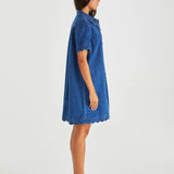 VALE SCALLOPED DENIM DRESS - Mid Blue Wash