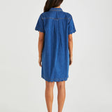 VALE SCALLOPED DENIM DRESS - Mid Blue Wash