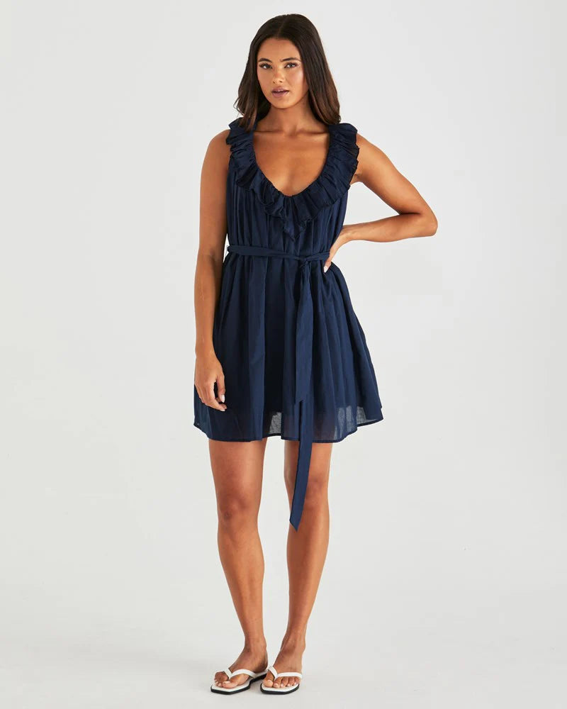 BELEN RUFFLED NECK MINI DRESS - Navy