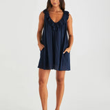 BELEN RUFFLED NECK MINI DRESS - Navy