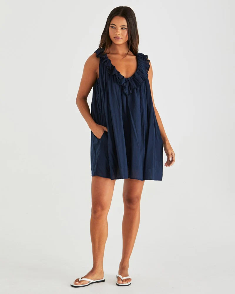 BELEN RUFFLED NECK MINI DRESS - Navy