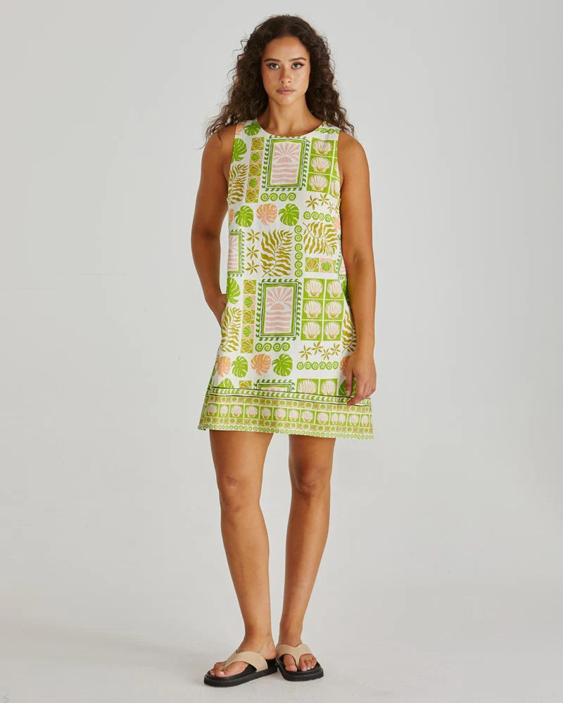 EMMETT TIE BACK SHIFT DRESS - Green Shell Patchwork
