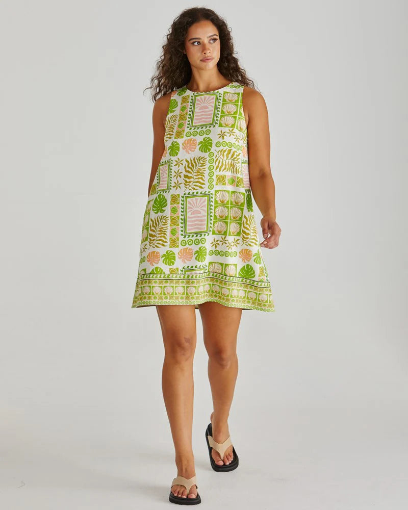 EMMETT TIE BACK SHIFT DRESS - Green Shell Patchwork