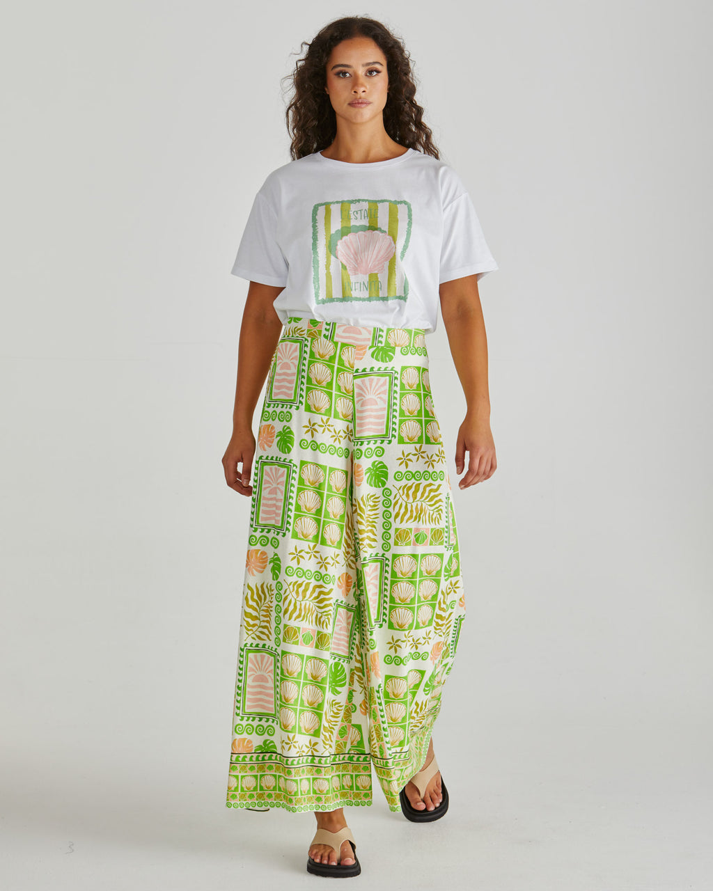 EMMETT WIDE LEG PANT - Green Shell Patchwork