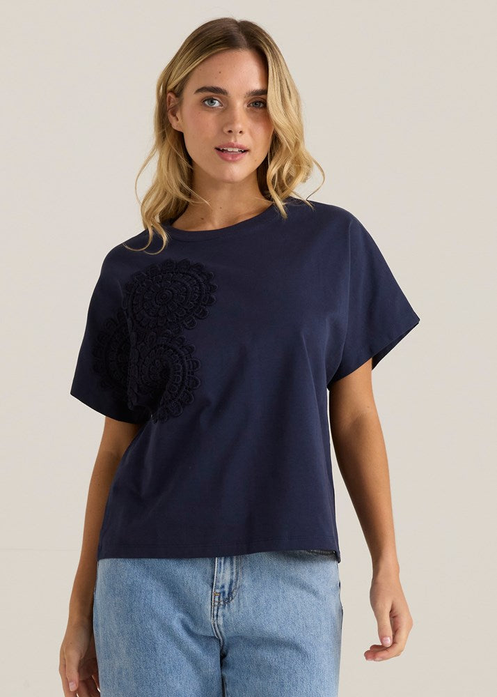 Mira Crochet Tee - Navy