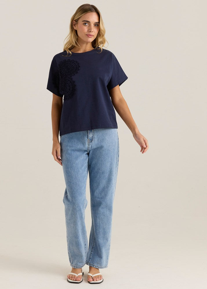 Mira Crochet Tee - Navy
