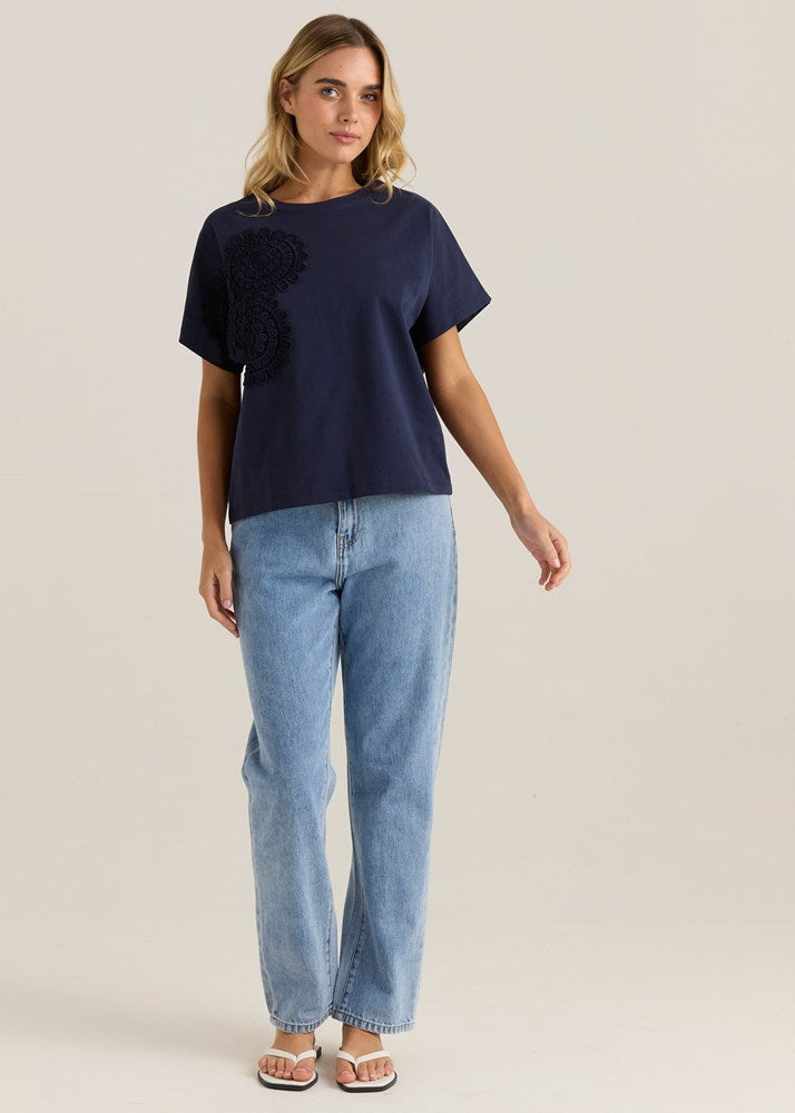 Mira Crochet Tee - Navy