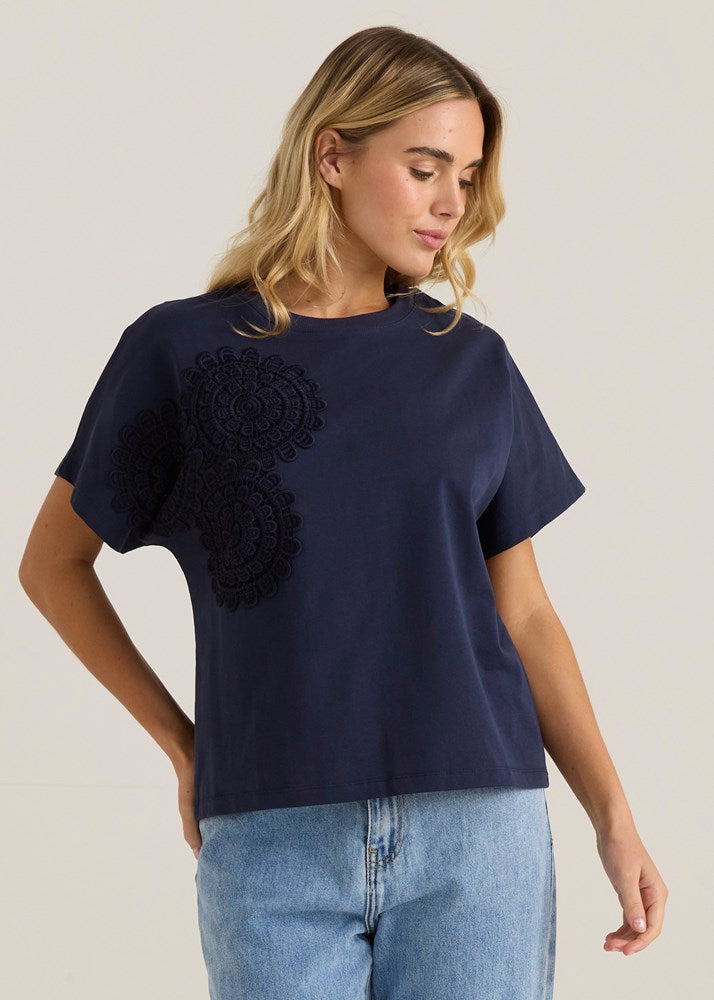 Mira Crochet Tee - Navy