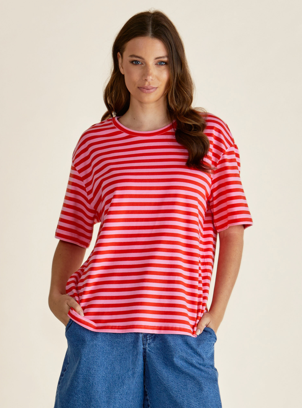 RELAX BOXY TEE - Pink/Red Stripe