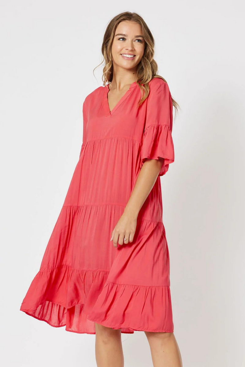 JUSTINE TIERED SWING DRESS - Coral
