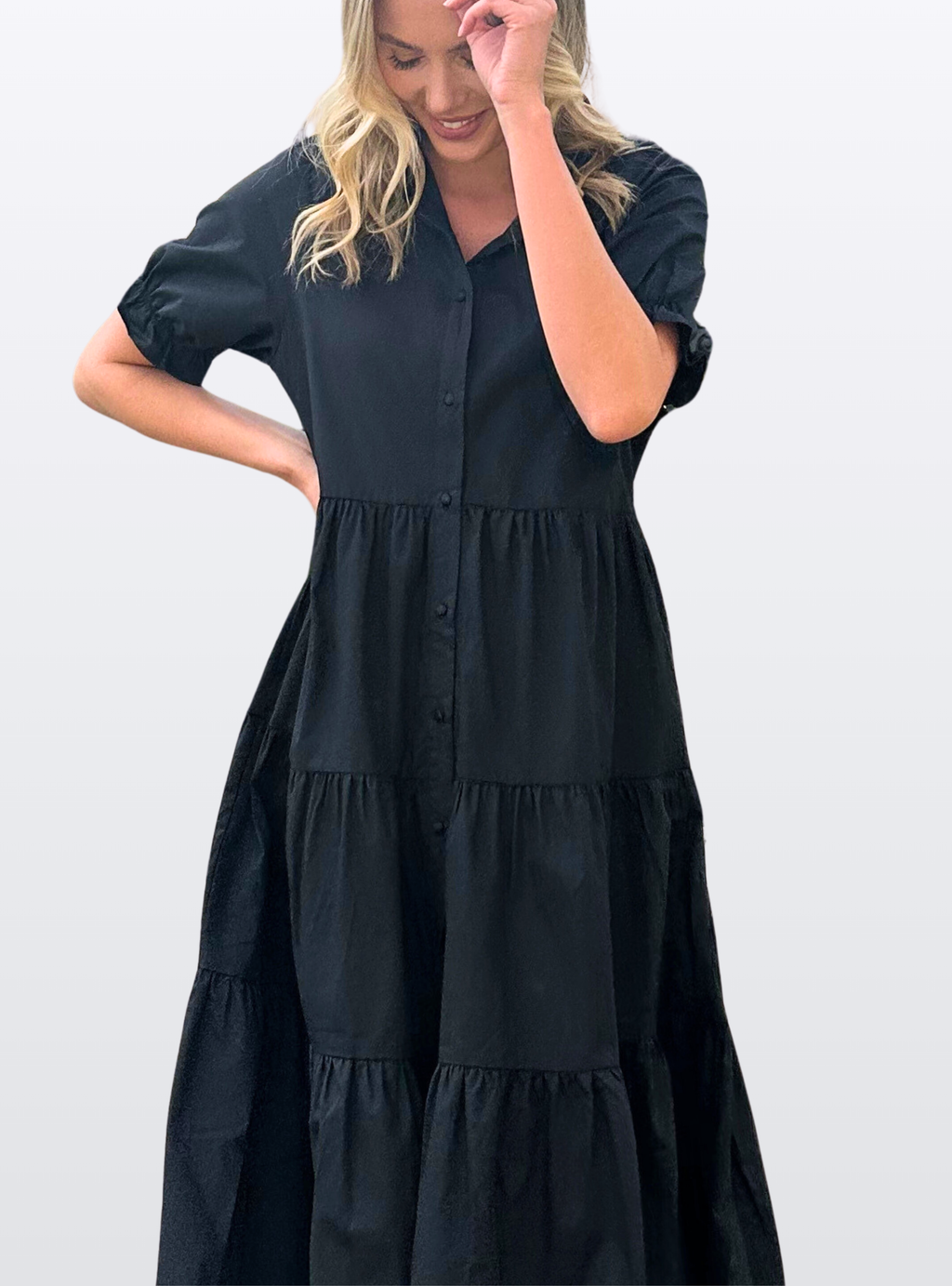 LAURA TIERED MIDI DRESS - Black