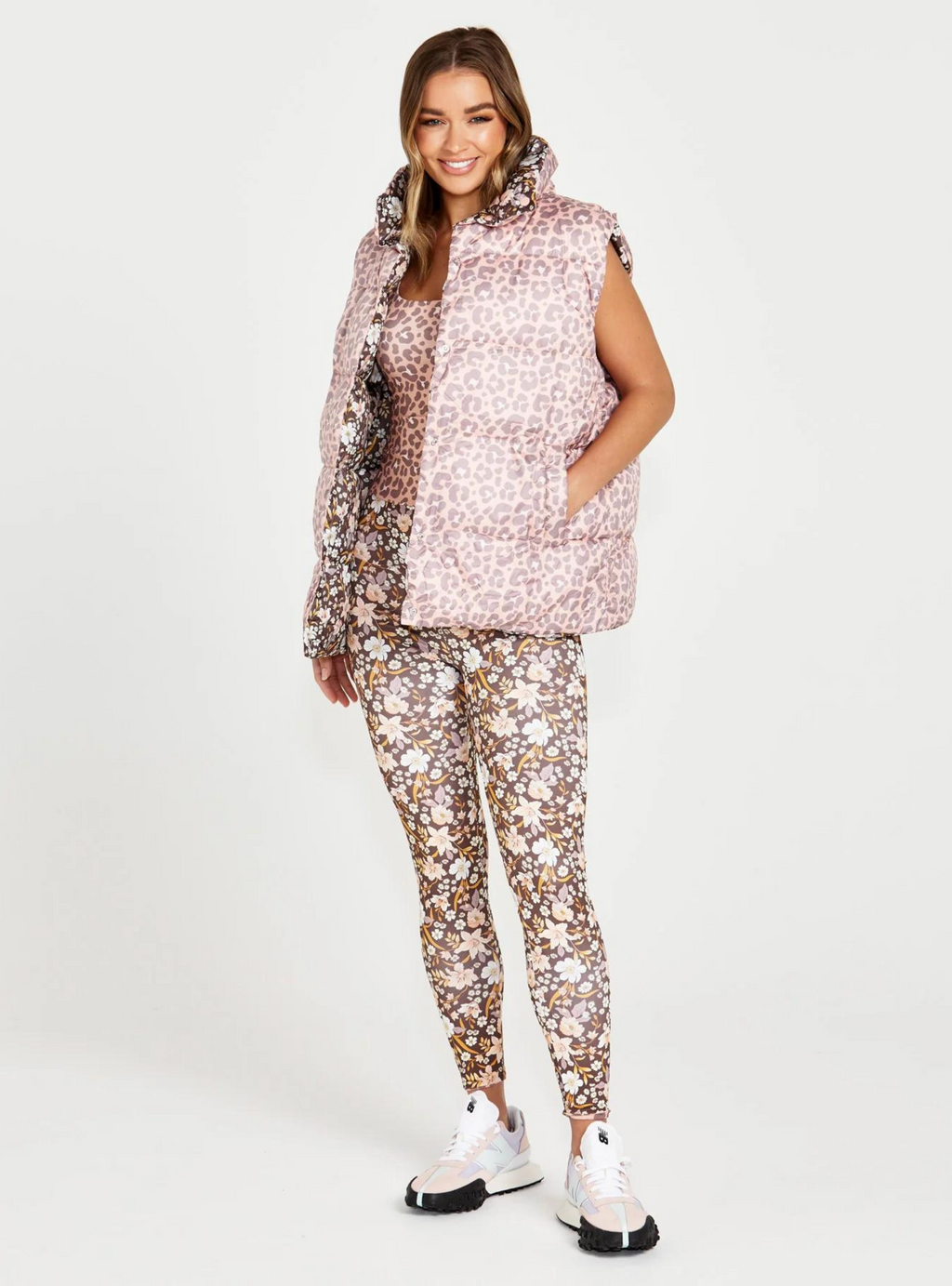 ALESSIA REVERSIBLE PUFFER VEST - Choc Floral/Pink Cheetah