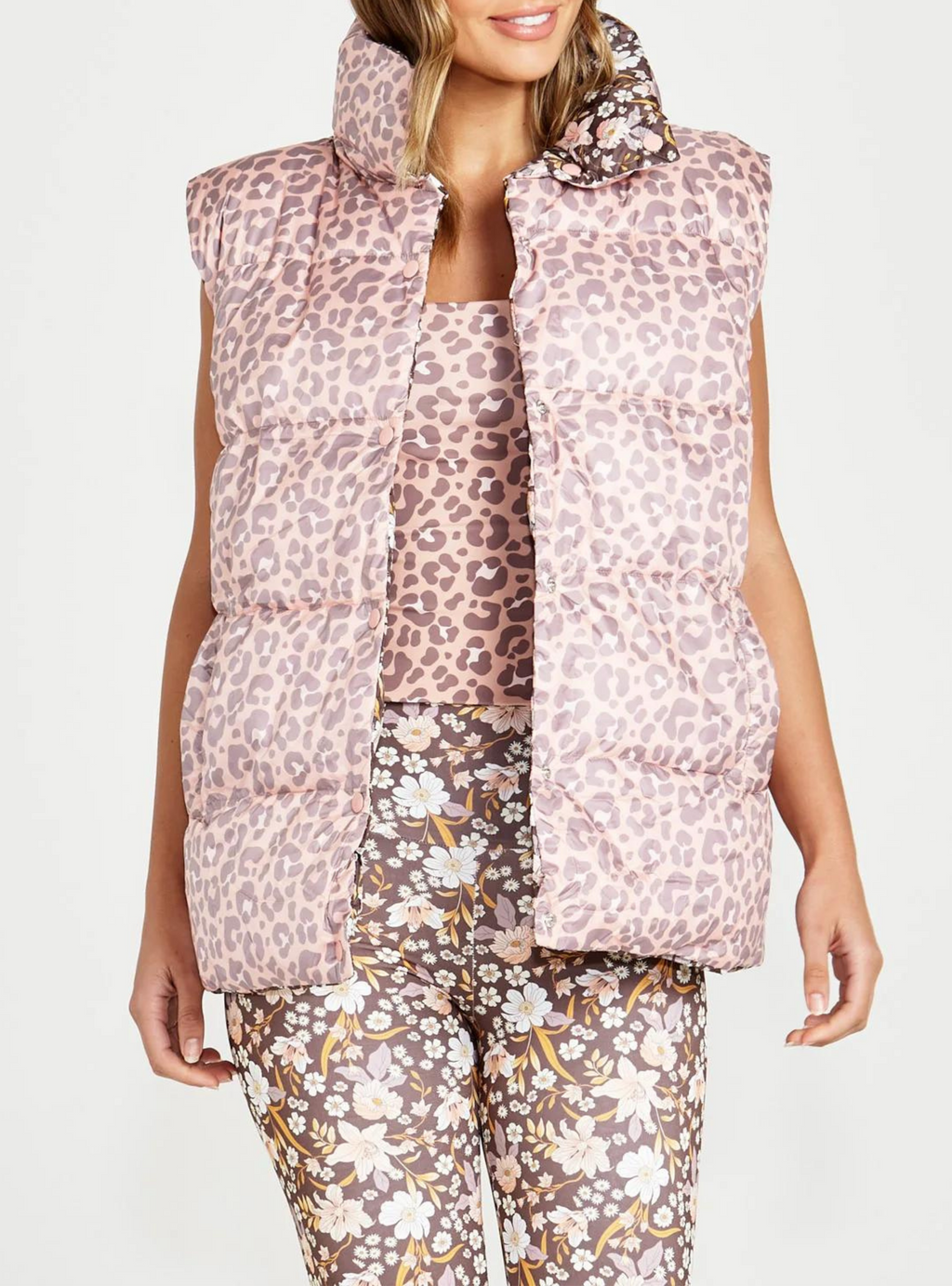 ALESSIA REVERSIBLE PUFFER VEST - Choc Floral/Pink Cheetah