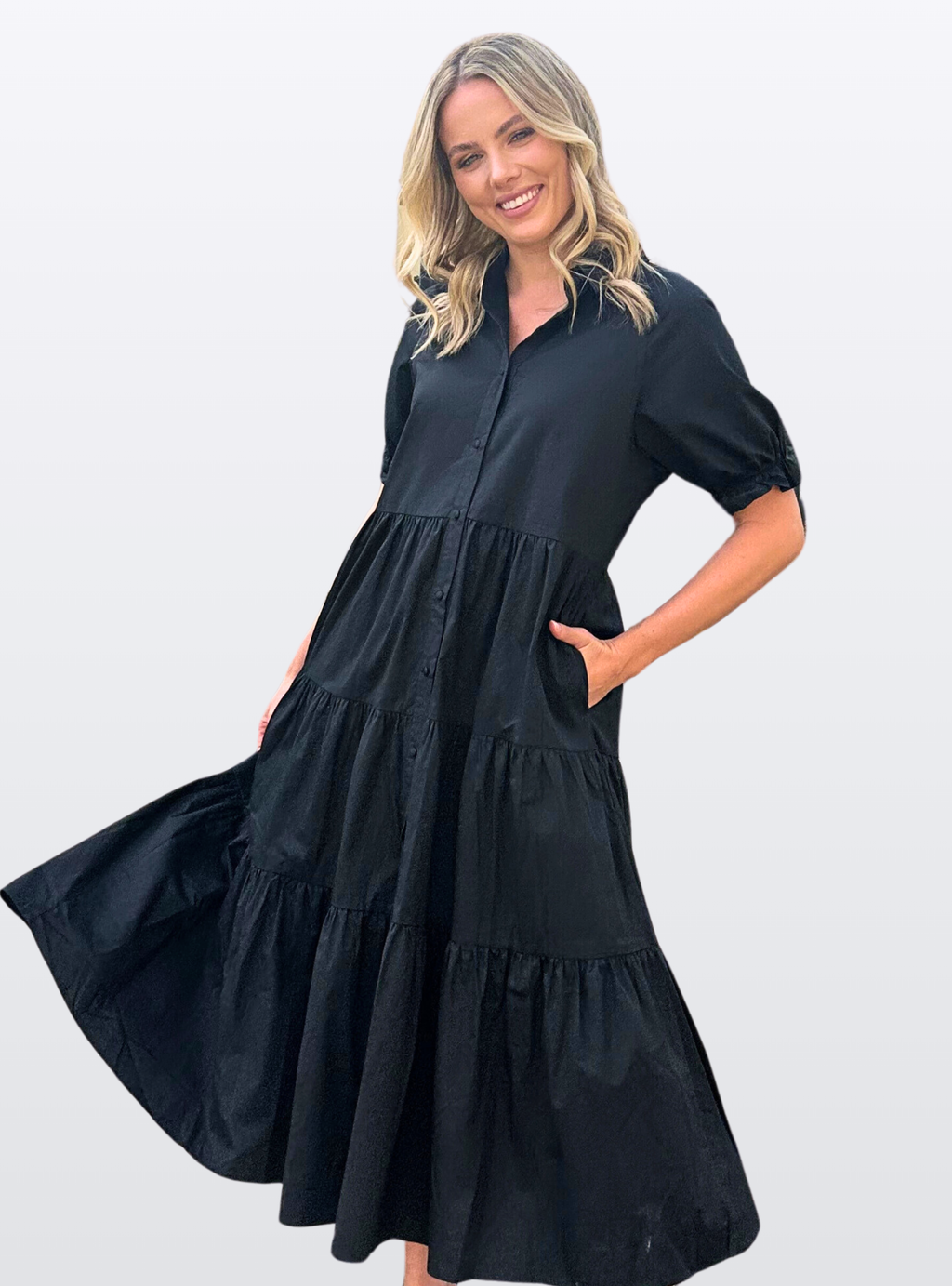 LAURA TIERED MIDI DRESS - Black