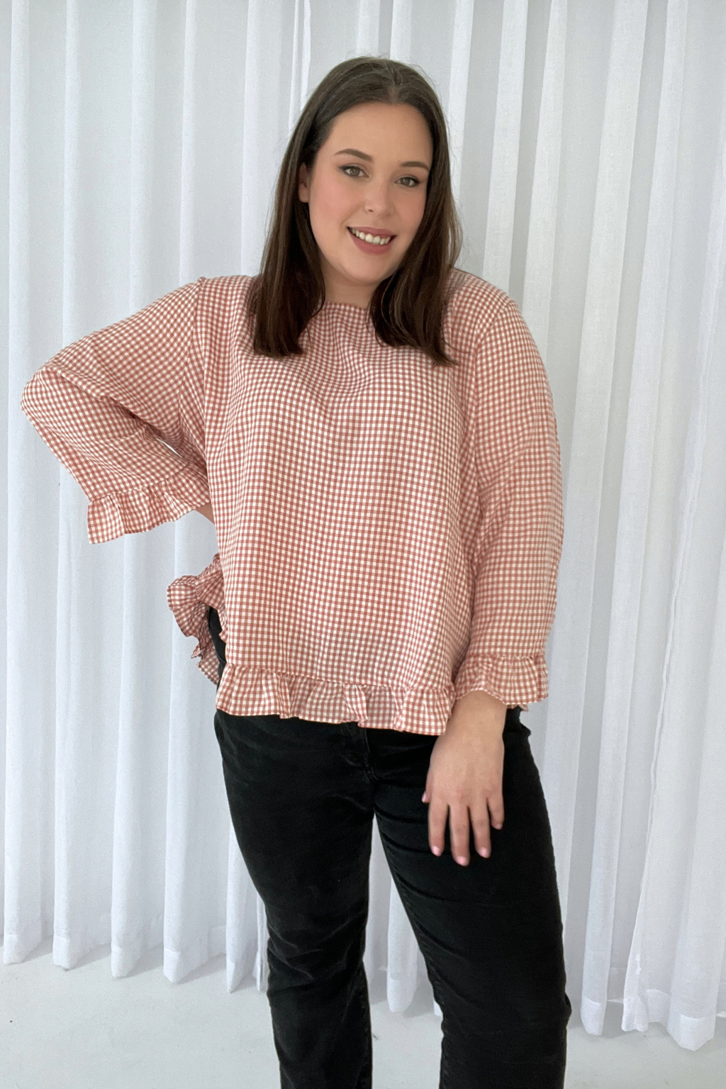 CLAIRE L/S BLOUSE - Pink Gingham