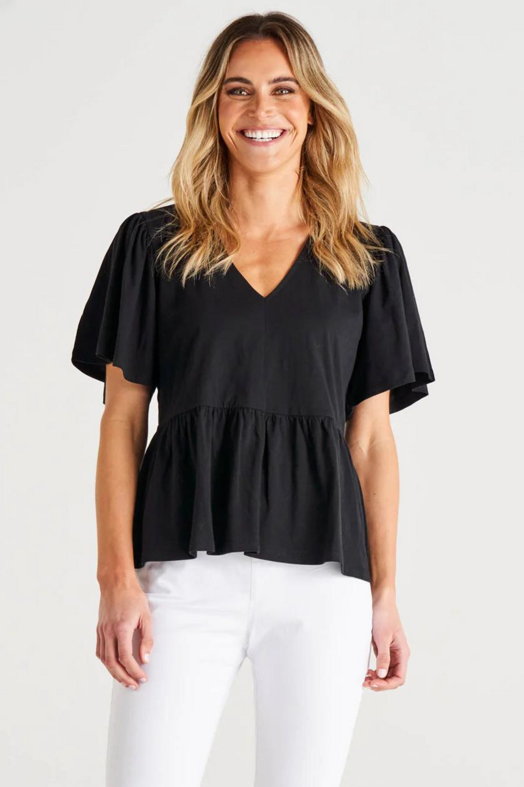 CELIA RELAXED FLUTTER SLEEVES COTTON TEE - Black