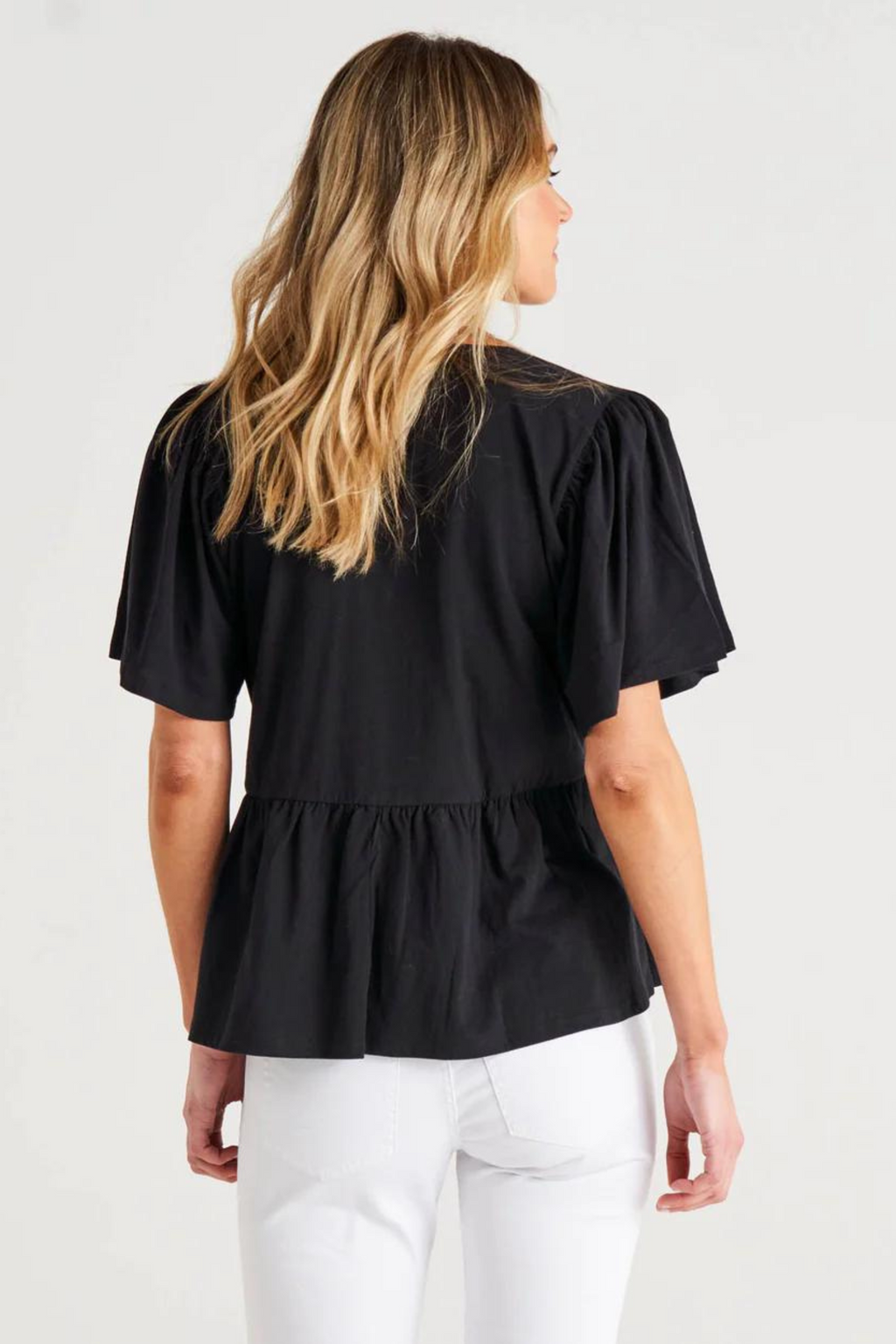 CELIA RELAXED FLUTTER SLEEVES COTTON TEE - Black