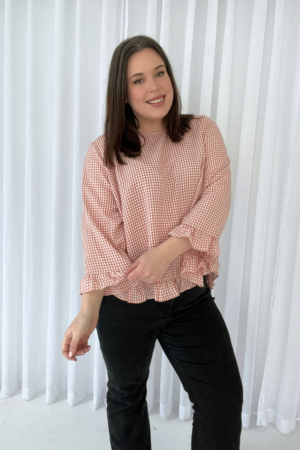 CLAIRE L/S BLOUSE - Pink Gingham