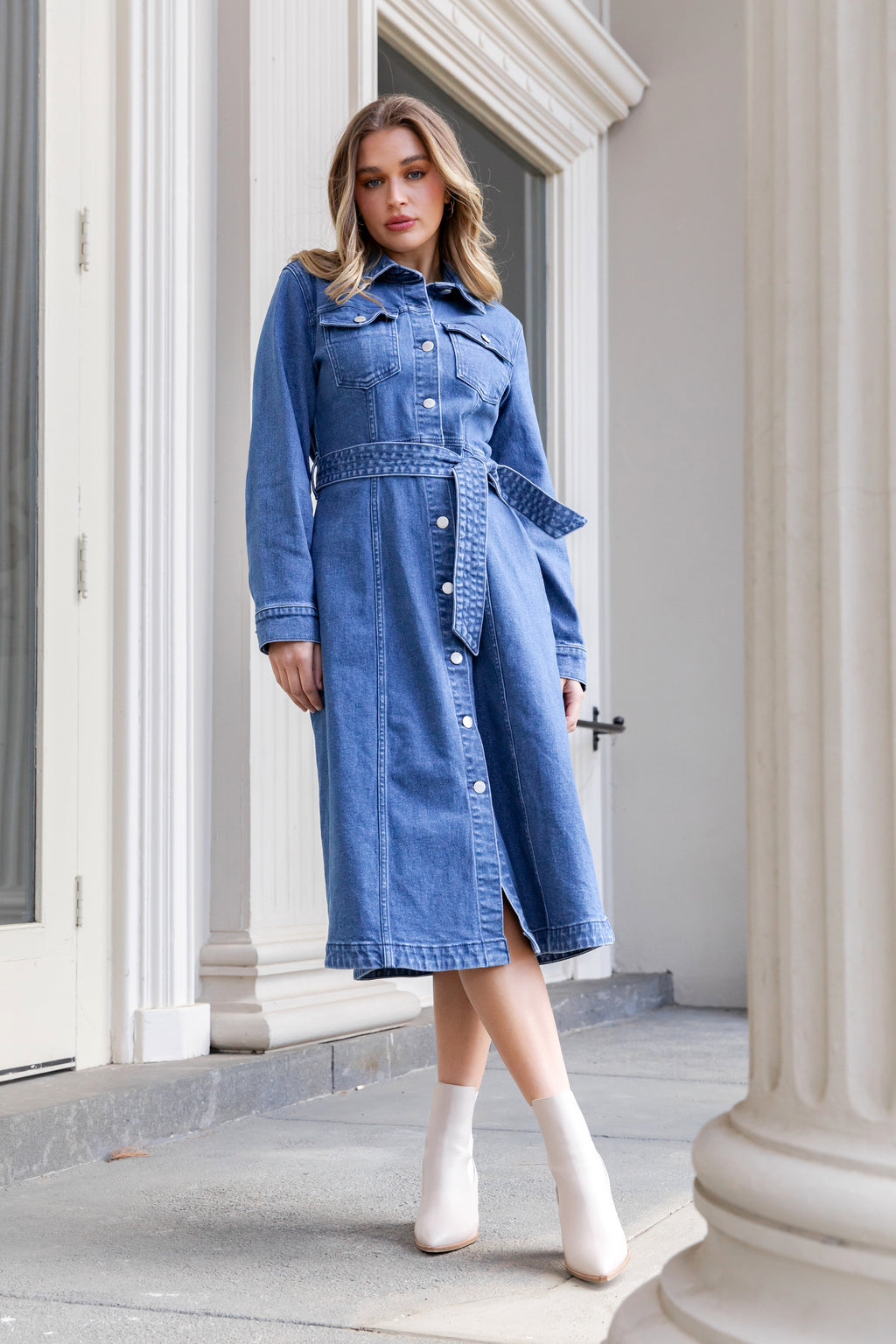 GENEVIEVE DENIM DRESS Mid Blue – Frankie Co Clothing