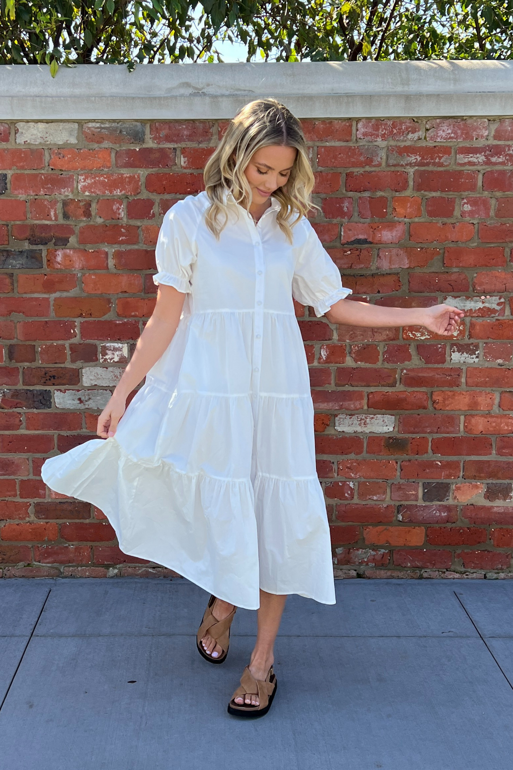White tiered top midi dress