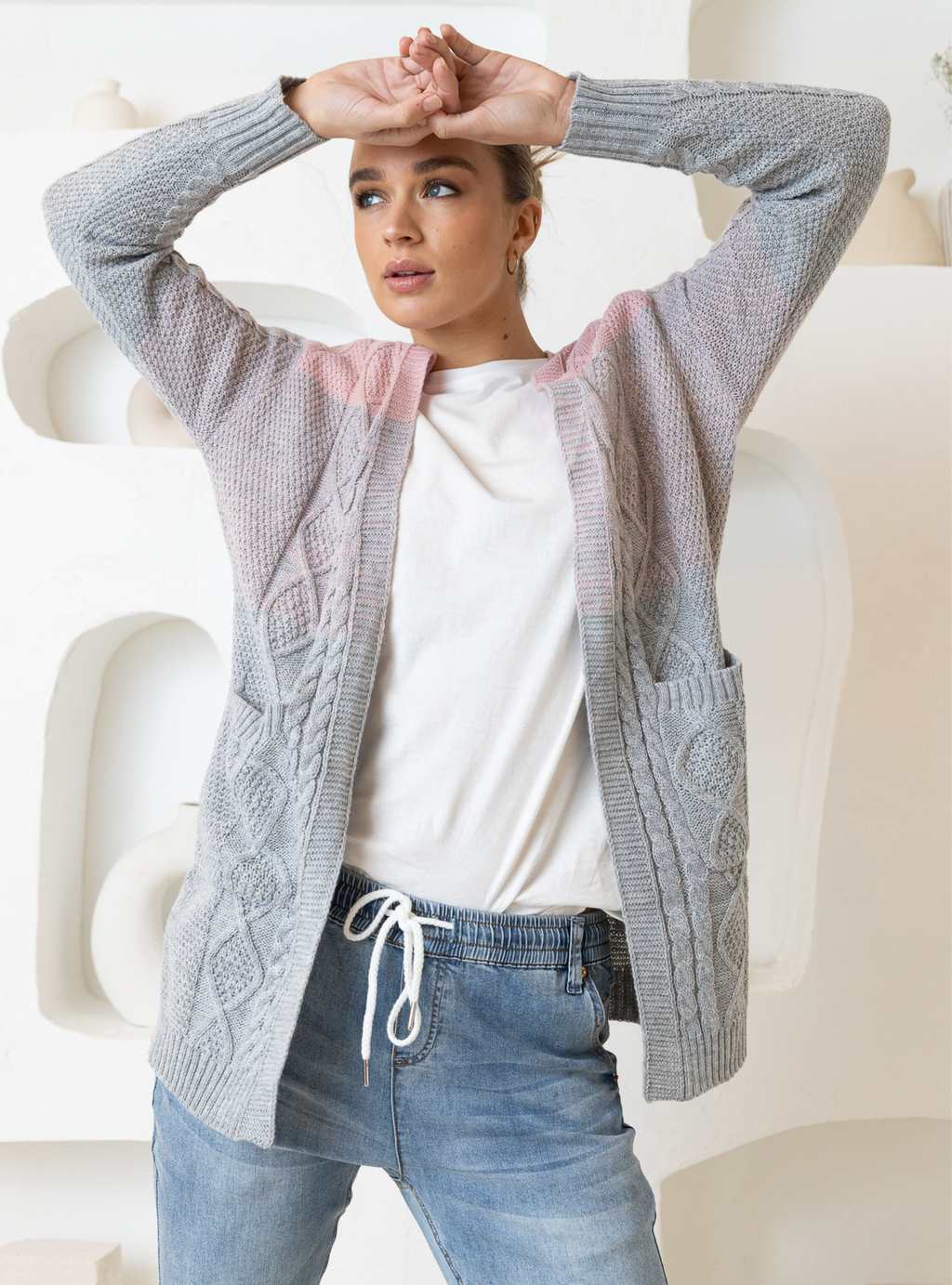 TILLY CARDIGAN - Light Grey/Pink