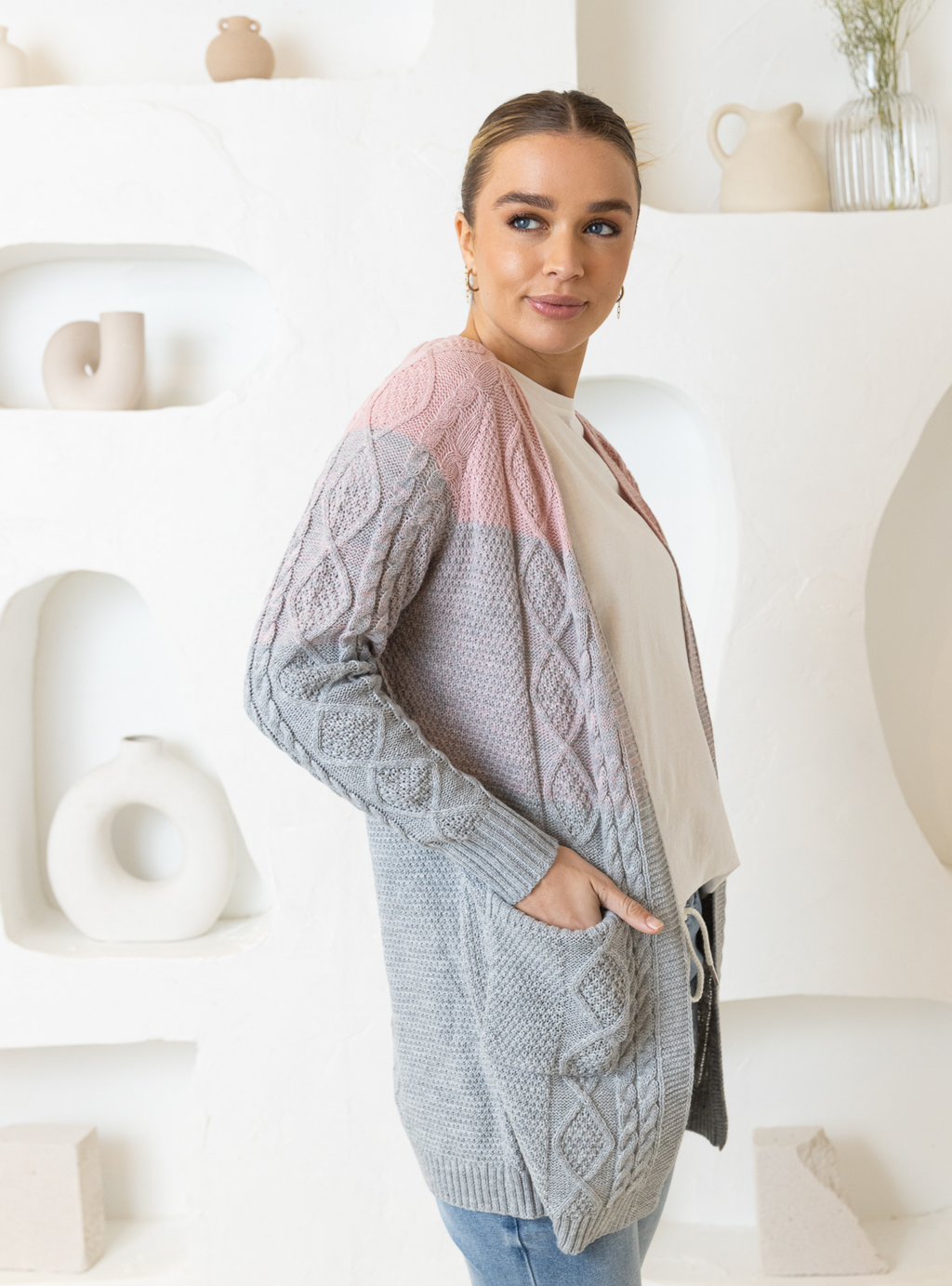 TILLY CARDIGAN - Light Grey/Pink