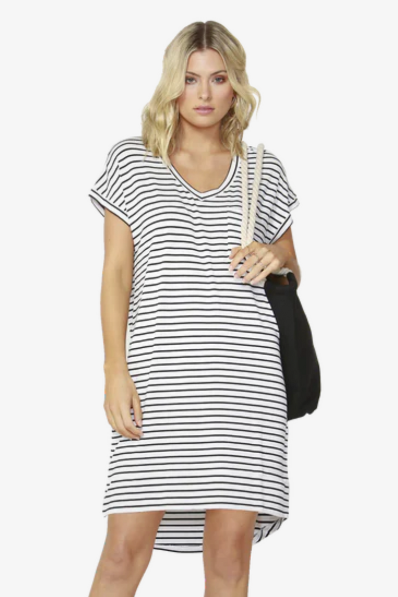 ZENA T-SHIRT DRESS - White/Black Stripe