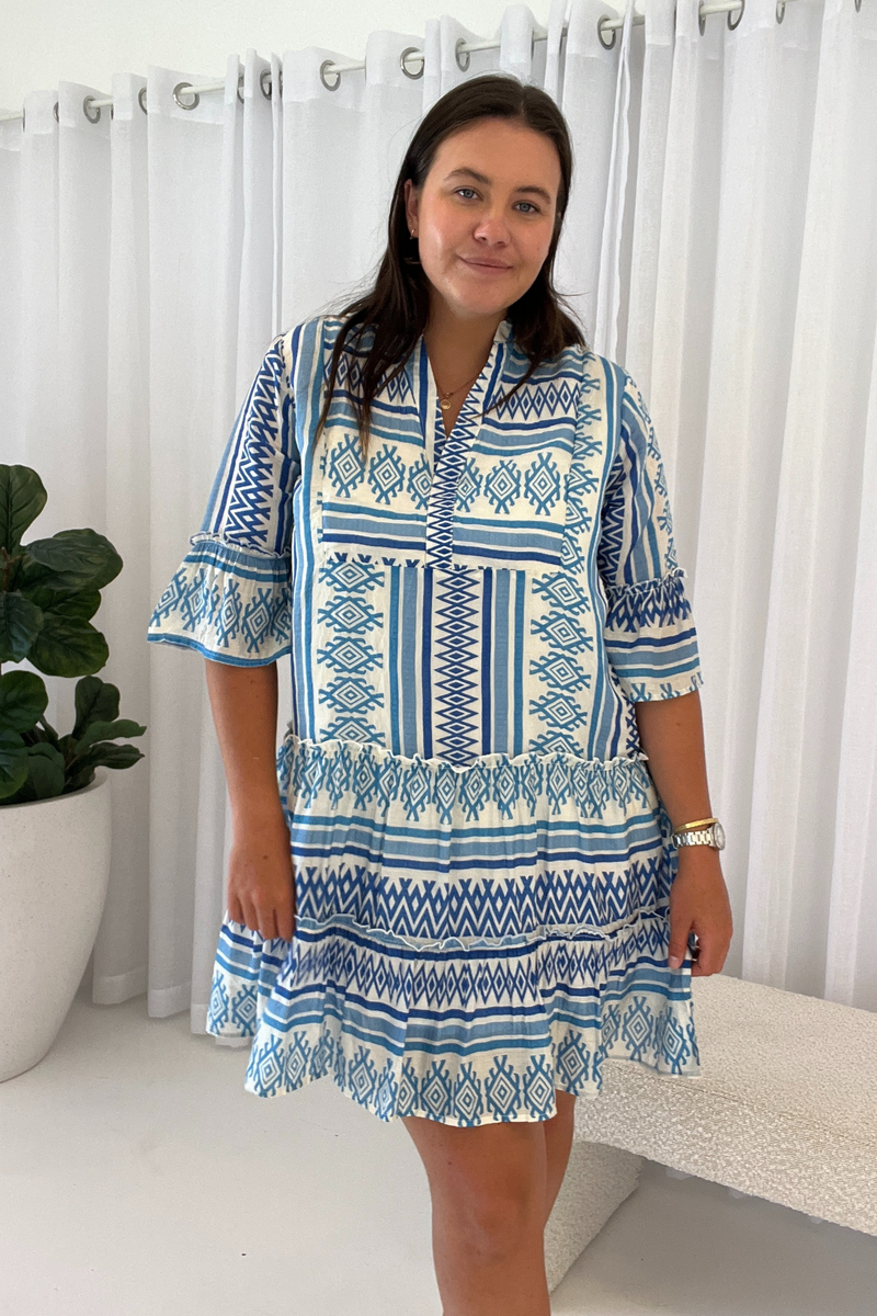 ALINA TIERED MINI DRESS - Blue Aztec