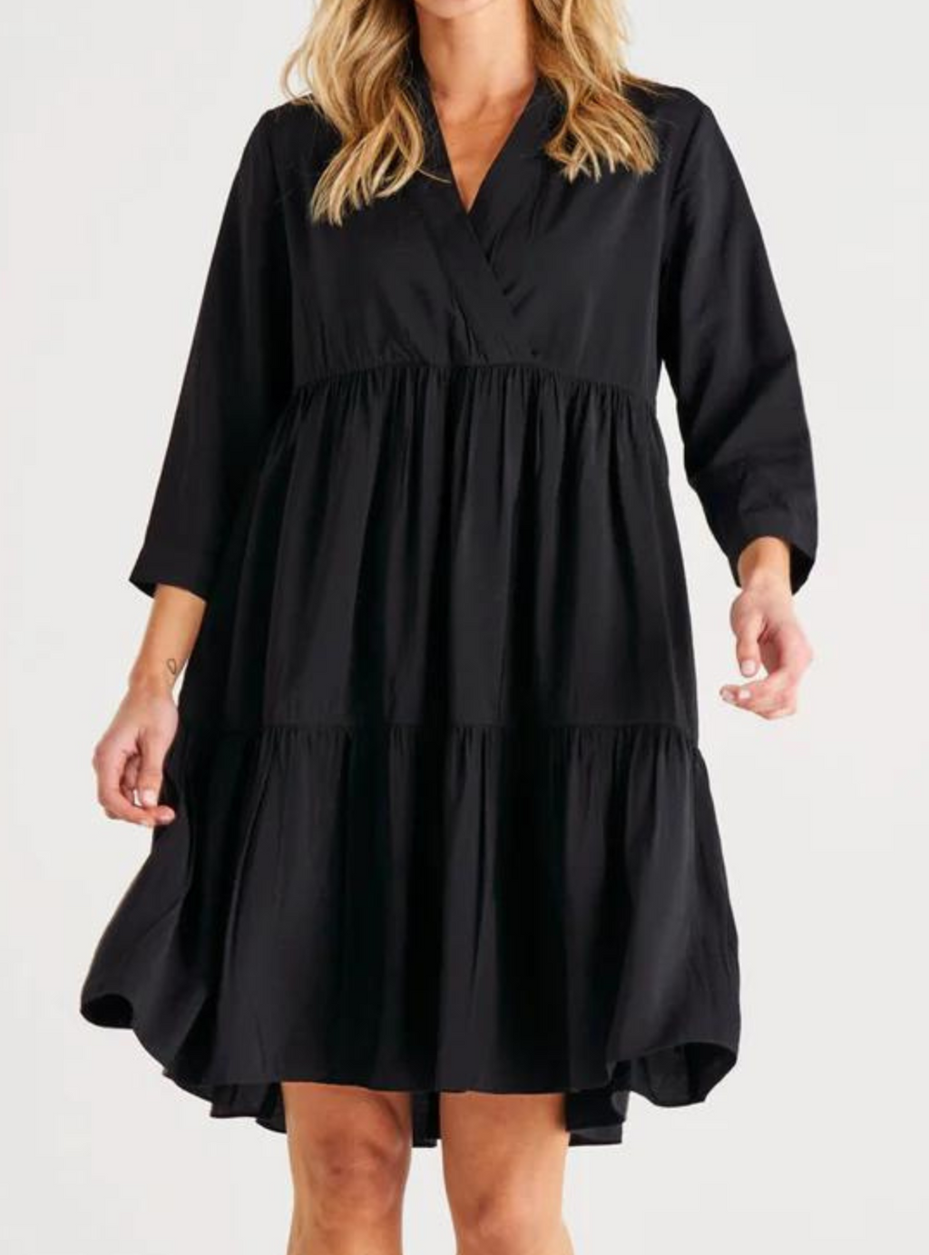 GEORGIANA 3/4 SLEEVE TIERED DRESS - Black