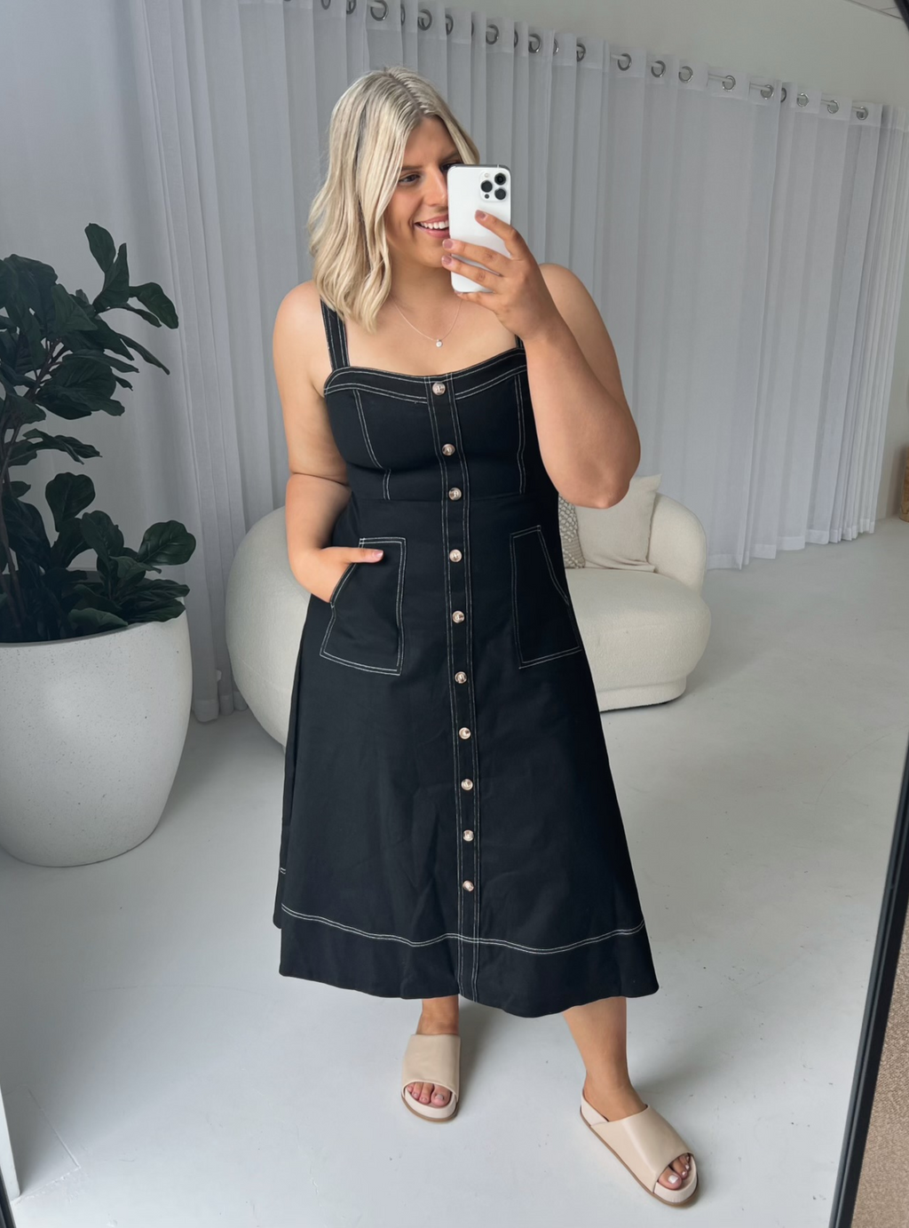 MAY DENIM MIDI DRESS - Black