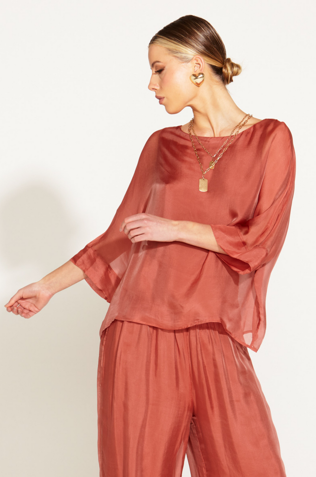 SUNLIGHT AND SHADOW SILK TOP - Burnt Rose