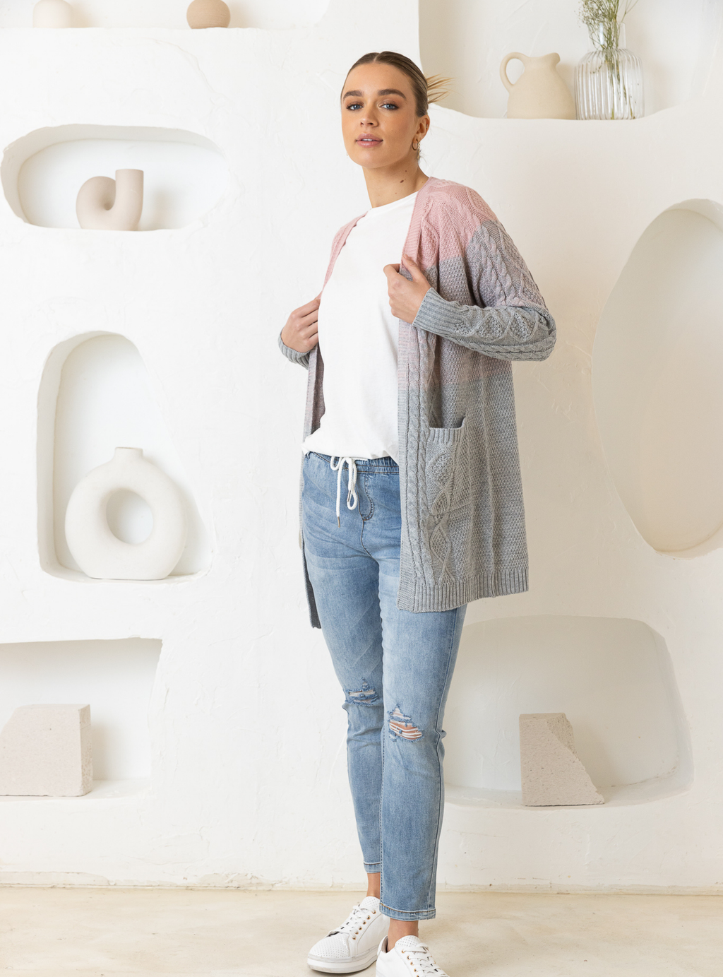 TILLY CARDIGAN - Light Grey/Pink