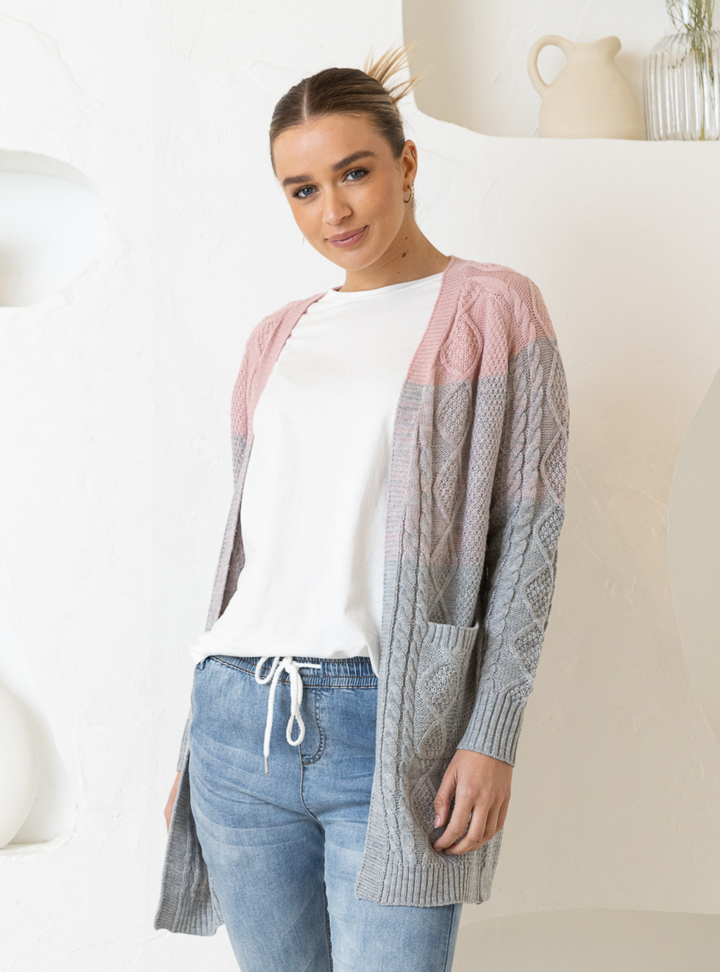 TILLY CARDIGAN - Light Grey/Pink