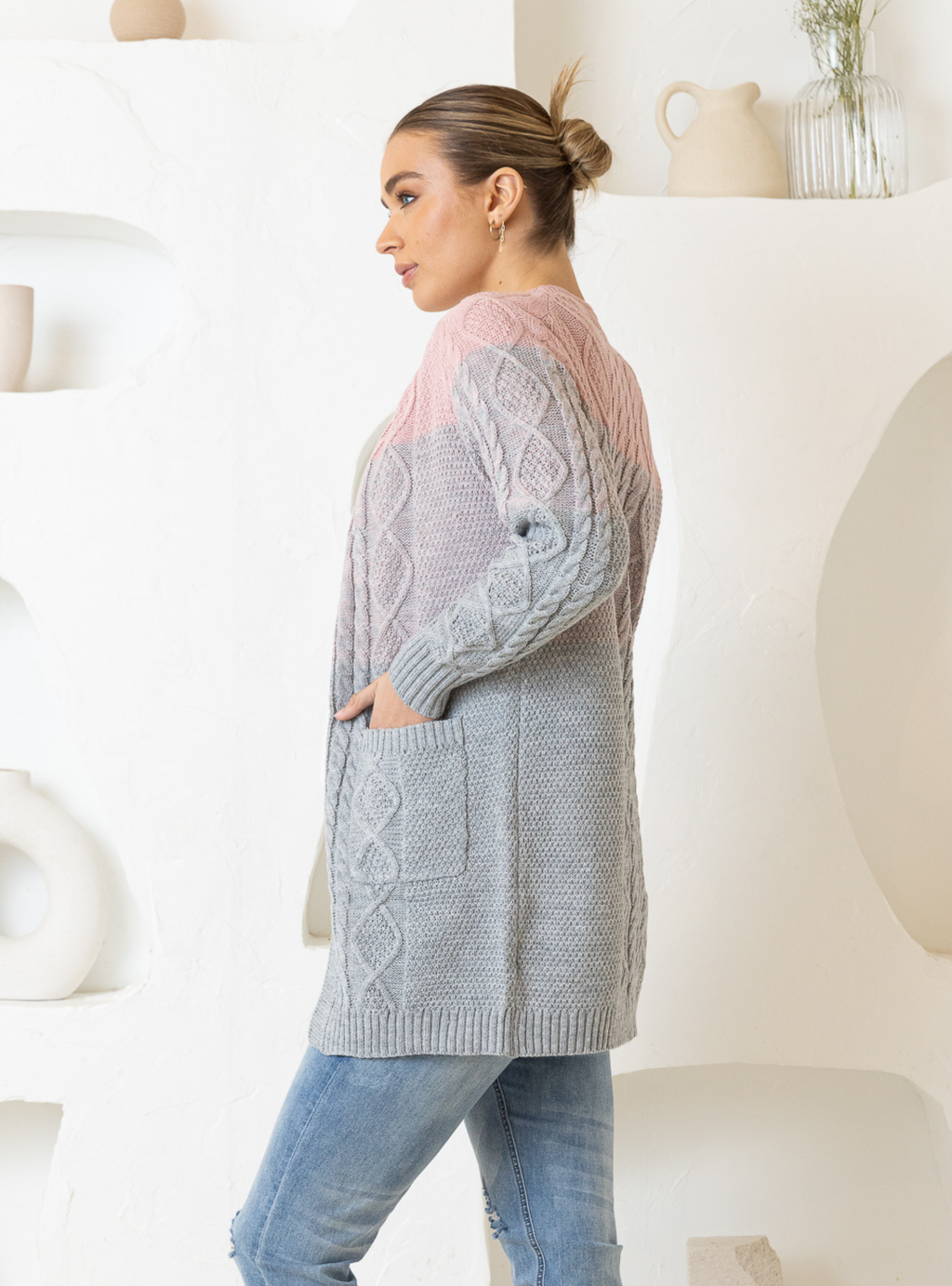 TILLY CARDIGAN - Light Grey/Pink