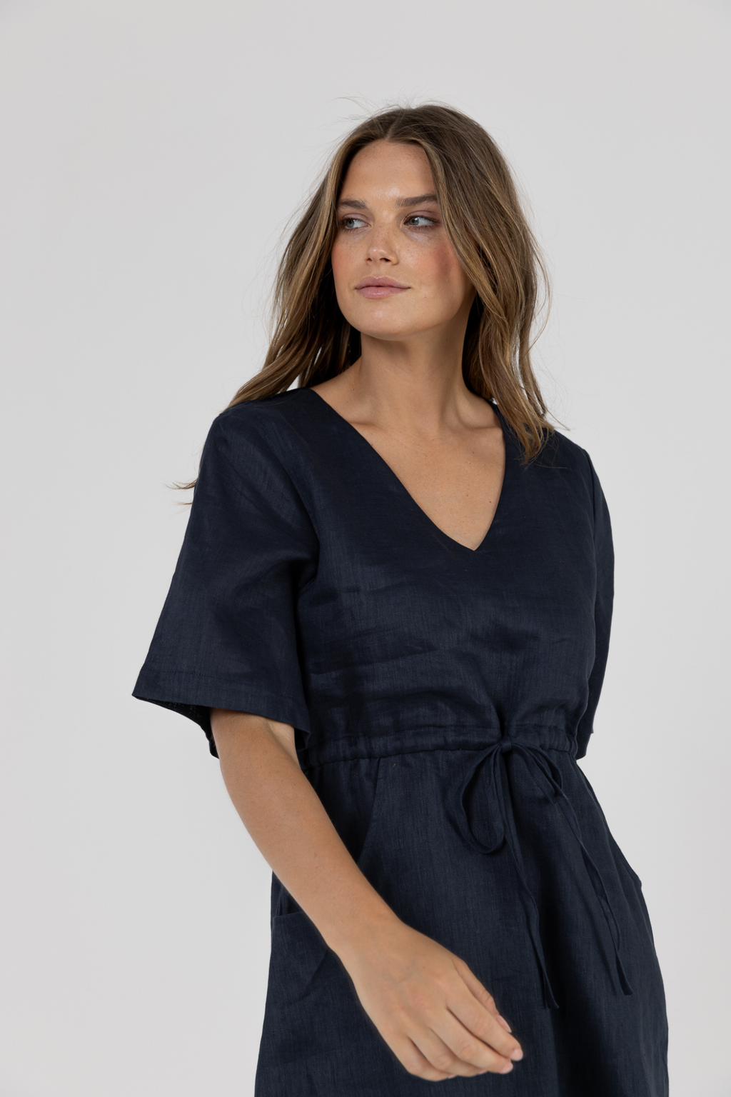 RILEY LINEN DRESS - Navy