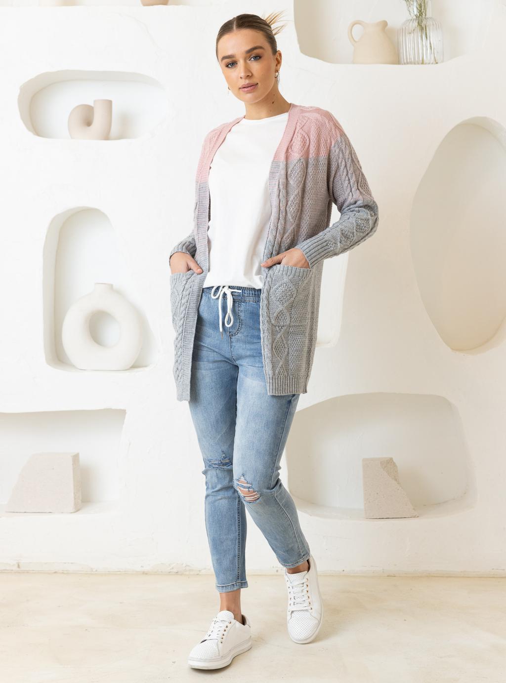 TILLY CARDIGAN - Light Grey/Pink