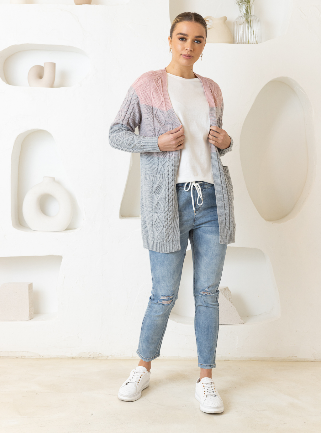 TILLY CARDIGAN - Light Grey/Pink