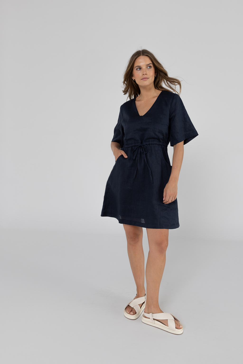 RILEY LINEN DRESS - Navy