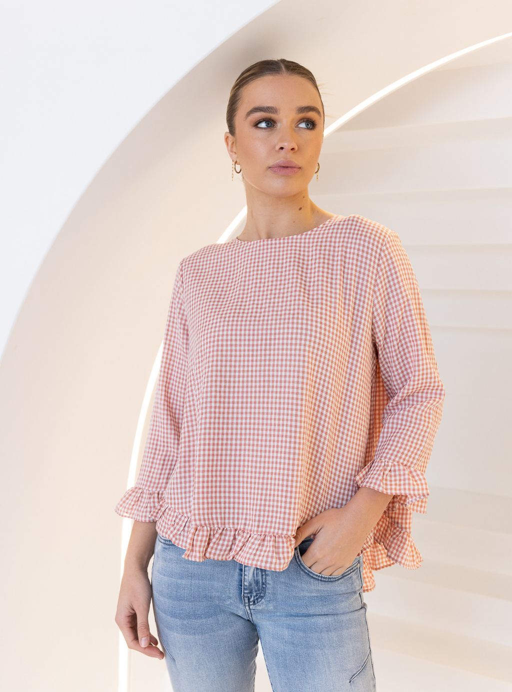 CLAIRE L/S BLOUSE - Pink Gingham