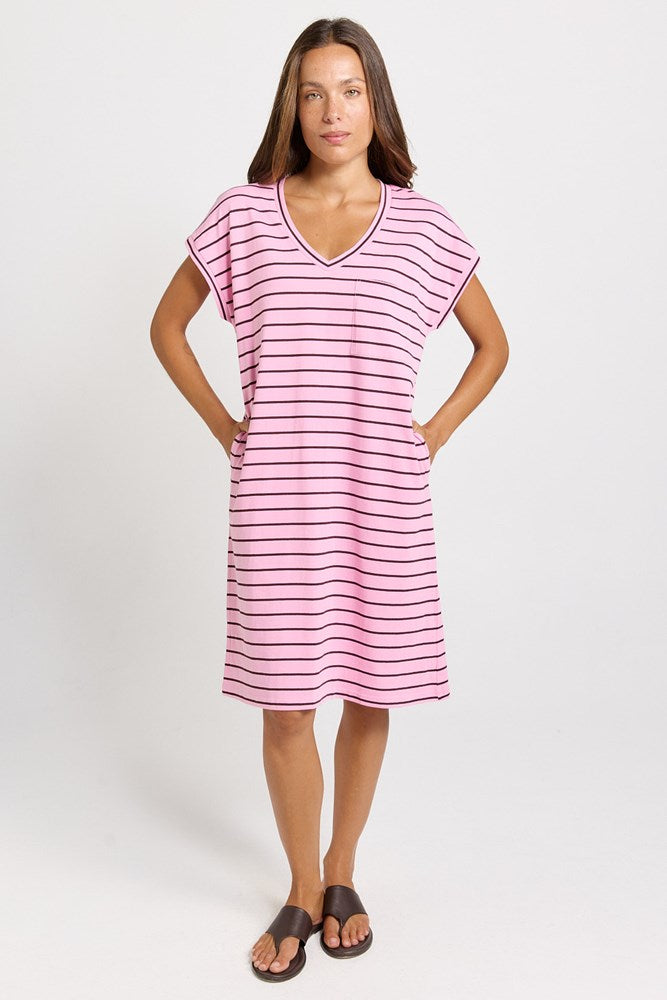 Betty Basics Zena T-Shirt Dress in Pink/Chocolate Stripe