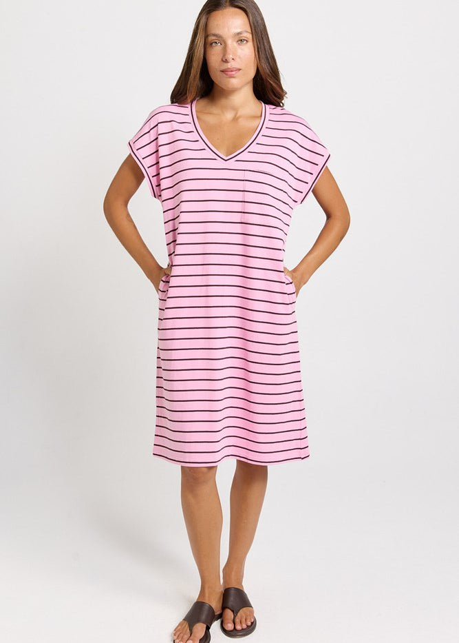 Betty Basics Zena T-Shirt Dress in Pink/Chocolate Stripe