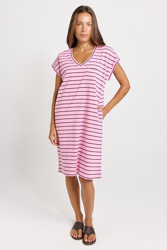 Betty Basics Zena T-Shirt Dress in Pink/Chocolate Stripe - view 2